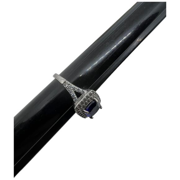 Sterling Silver 925 Blue Sapphire CZ Halo Ring Art Deco Style Size 6.75 - Picture 12 of 14